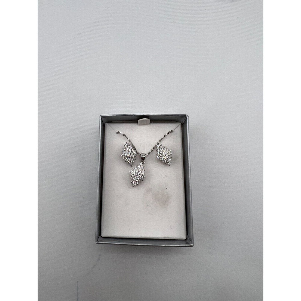 Rhodium‎ Plated Cubic Zirconia Cluster Earrings & Pendant Set